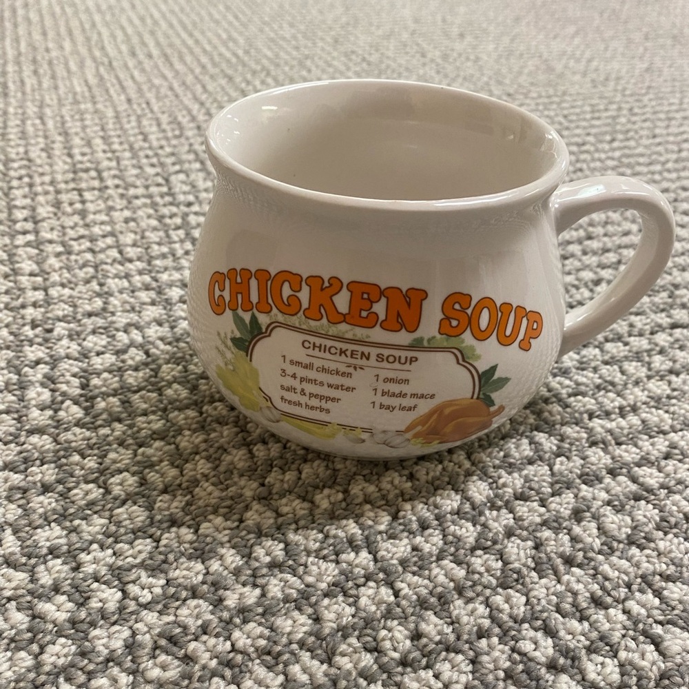 Chicken Soup Ceramic Soup Mug - White with Orange Lettering